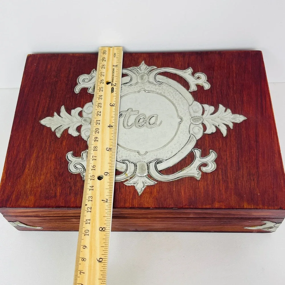 Vintage Wood Tea Storage Box Chest Brown Silver Embossed Metal Overlay Divided
